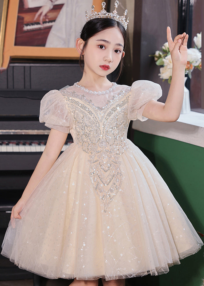 Fashion Champagne O-Neck Patchwork Sequins Tulle Kids Long Dresses Summer