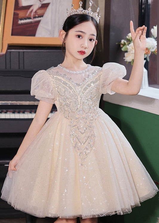 Fashion Champagne O-Neck Patchwork Sequins Tulle Kids Long Dresses Summer