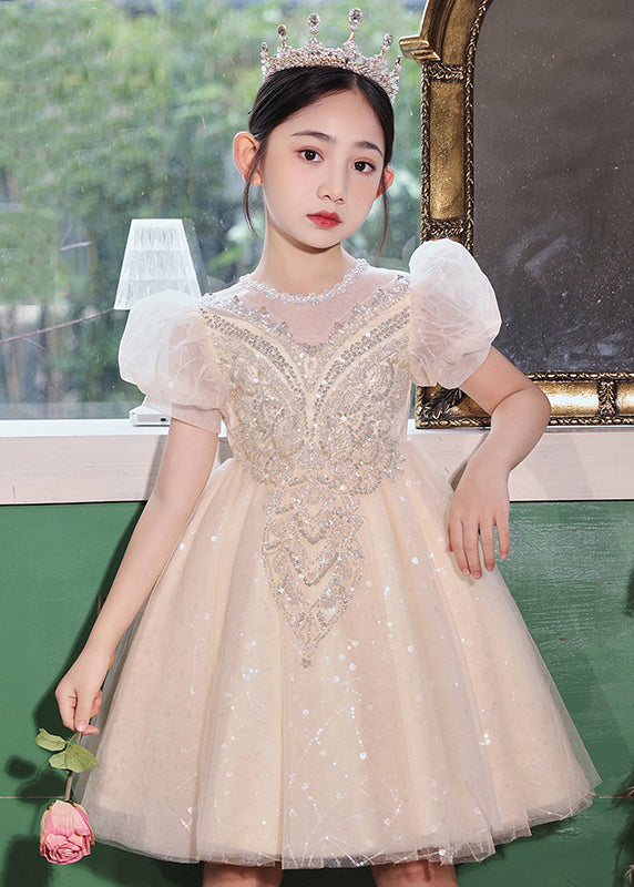 Fashion Champagne O-Neck Patchwork Sequins Tulle Kids Long Dresses Summer