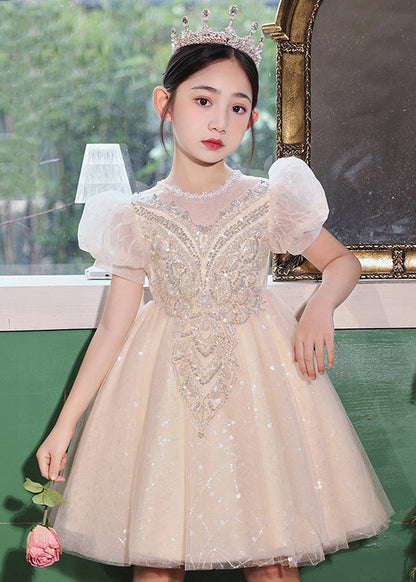 Fashion Champagne O-Neck Patchwork Sequins Tulle Kids Long Dresses Summer
