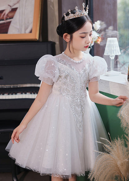Fashion Champagne O-Neck Patchwork Sequins Tulle Kids Long Dresses Summer