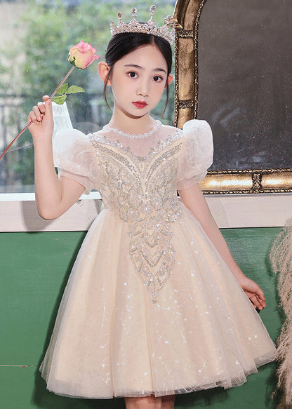Fashion Champagne O-Neck Patchwork Sequins Tulle Kids Long Dresses Summer