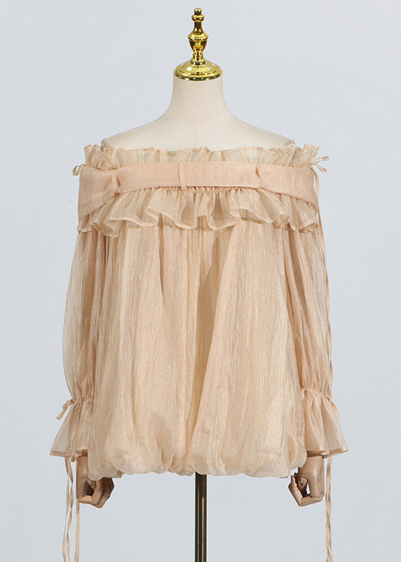 Fashion Champagne Slash Neck Ruffled Splicing Lace Up Long Sleeved Top