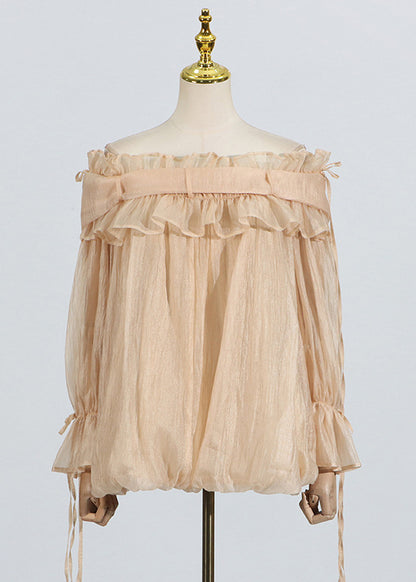 Fashion Champagne Slash Neck Ruffled Splicing Lace Up Long Sleeved Top