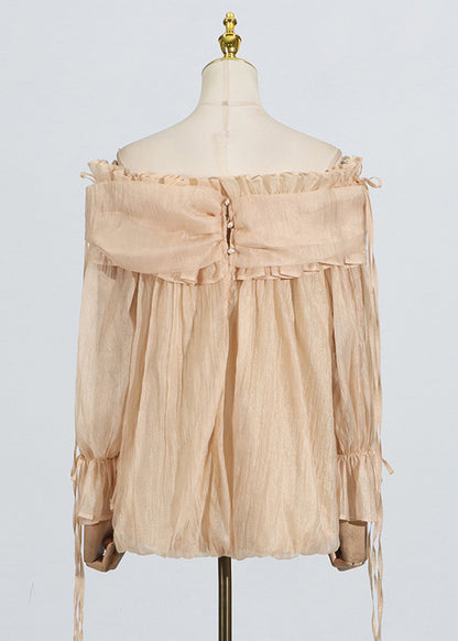 Fashion Champagne Slash Neck Ruffled Splicing Lace Up Long Sleeved Top