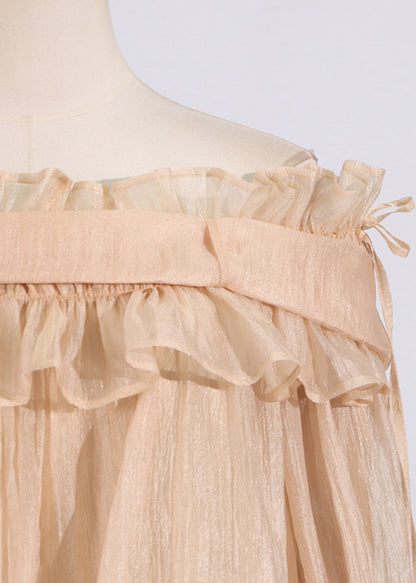 Fashion Champagne Slash Neck Ruffled Splicing Lace Up Long Sleeved Top
