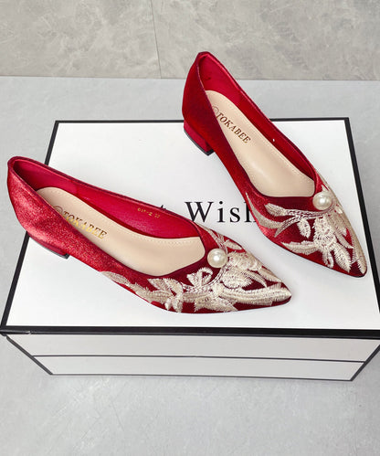 Fashion Chunky Flat Feet Shoes Red Satin Embroidered Pointed Toe