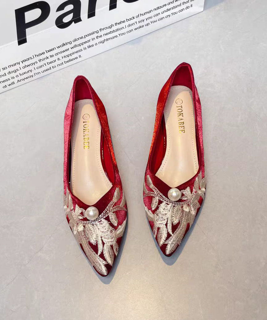 Fashion Chunky Flat Feet Shoes Red Satin Embroidered Pointed Toe