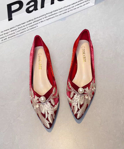 Fashion Chunky Flat Feet Shoes Red Satin Embroidered Pointed Toe