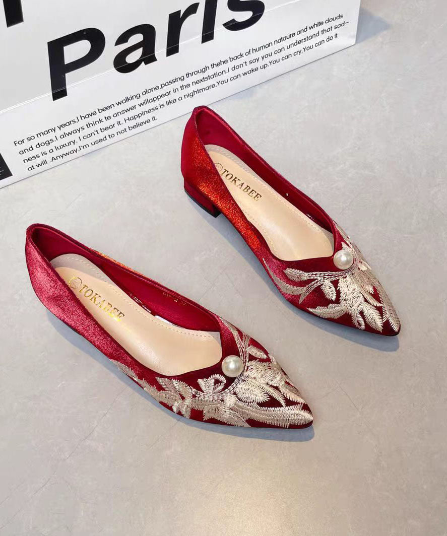 Fashion Chunky Flat Feet Shoes Red Satin Embroidered Pointed Toe