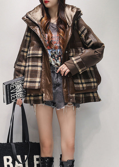 Fashion Coffee Hooded False Two Pieces Duck Down Puffer Jacket Winter