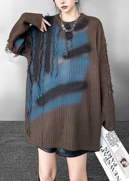 Fashion Coffee O-Neck Ink Print Fringe Oversized Knit Pullover Fall