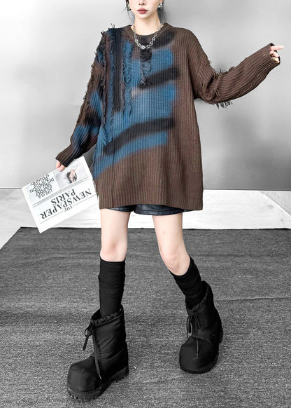Fashion Coffee O-Neck Ink Print Fringe Oversized Knit Pullover Fall