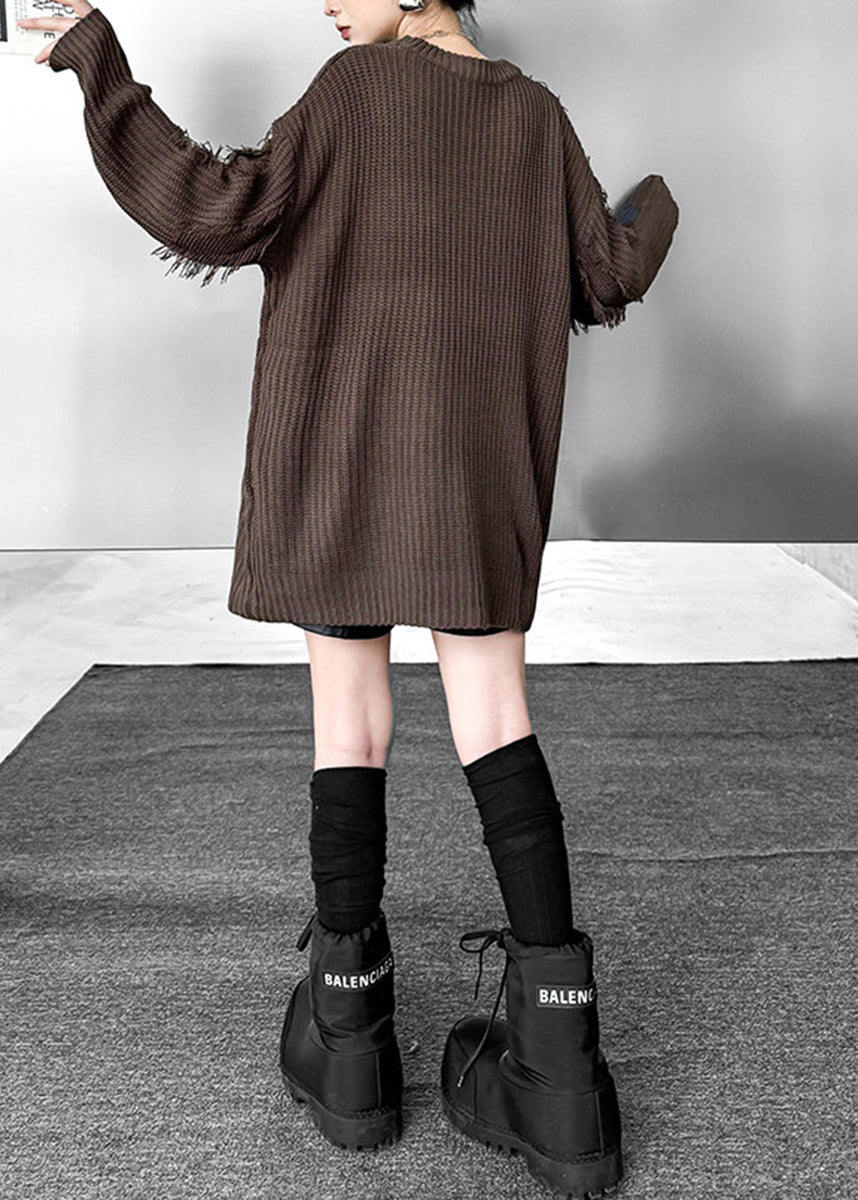 Fashion Coffee O-Neck Ink Print Fringe Oversized Knit Pullover Fall