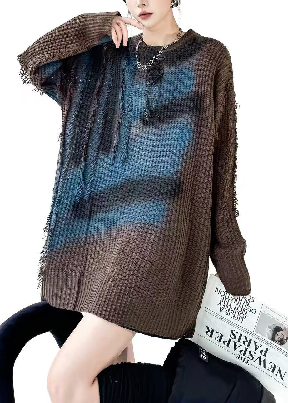 Fashion Coffee O-Neck Ink Print Fringe Oversized Knit Pullover Fall