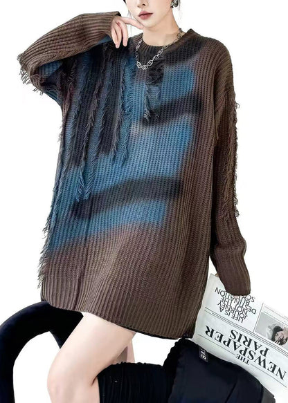 Fashion Coffee O-Neck Ink Print Fringe Oversized Knit Pullover Fall