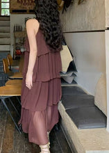 Load image into Gallery viewer, Fashion Coffee O Neck Layered Wrinkled Patchwork Chiffon Dresses Sleeveless