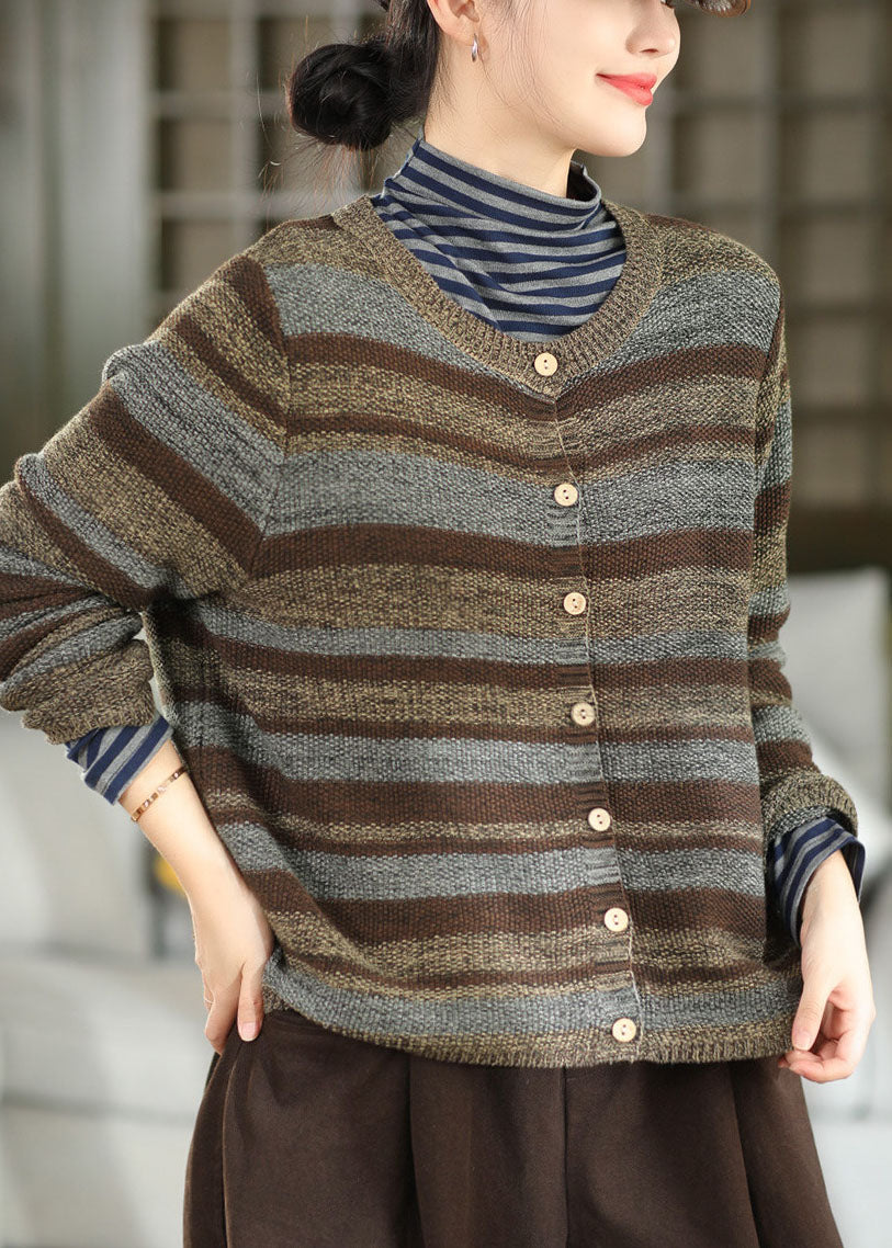 Fashion Coffee O-Neck Striped Knit Loose Coat Winter