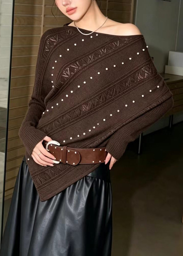 Fashion Coffee One Shoulder Nail Bead Asymmetrical Knit Pullover Batwing Sleeve