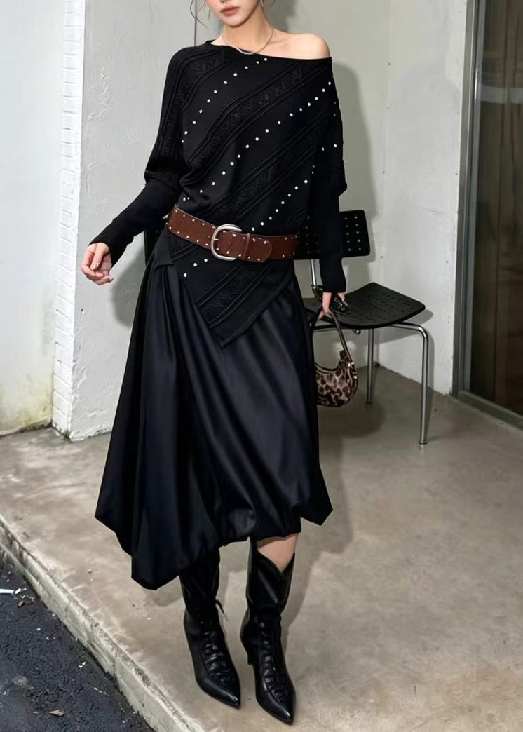 Fashion Coffee One Shoulder Nail Bead Asymmetrical Knit Pullover Batwing Sleeve