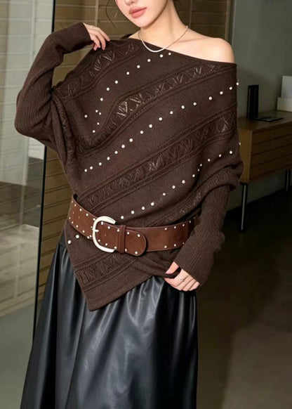 Fashion Coffee One Shoulder Nail Bead Asymmetrical Knit Pullover Batwing Sleeve
