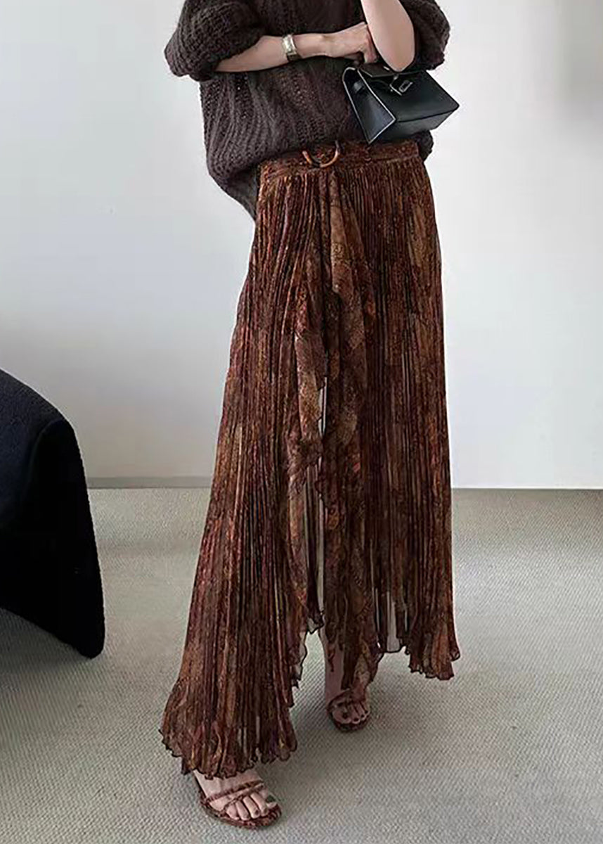 Fashion Coffee Pleated Asymmetrical Print Split Skirt Fall