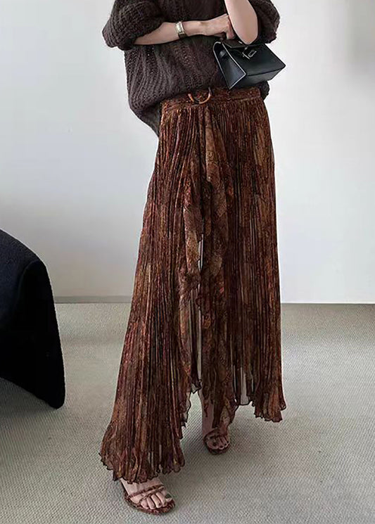 Fashion Coffee Pleated Asymmetrical Print Split Skirt Fall