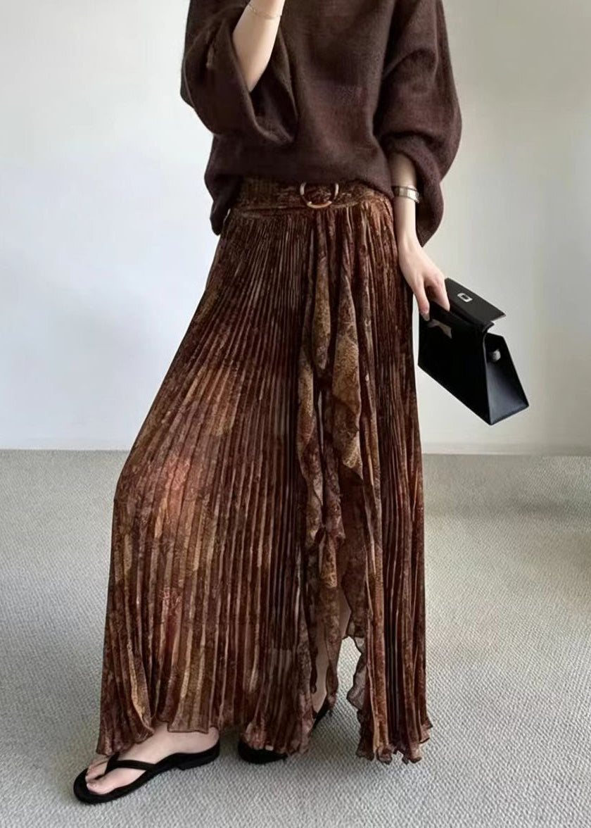 Fashion Coffee Pleated Asymmetrical Print Split Skirt Fall
