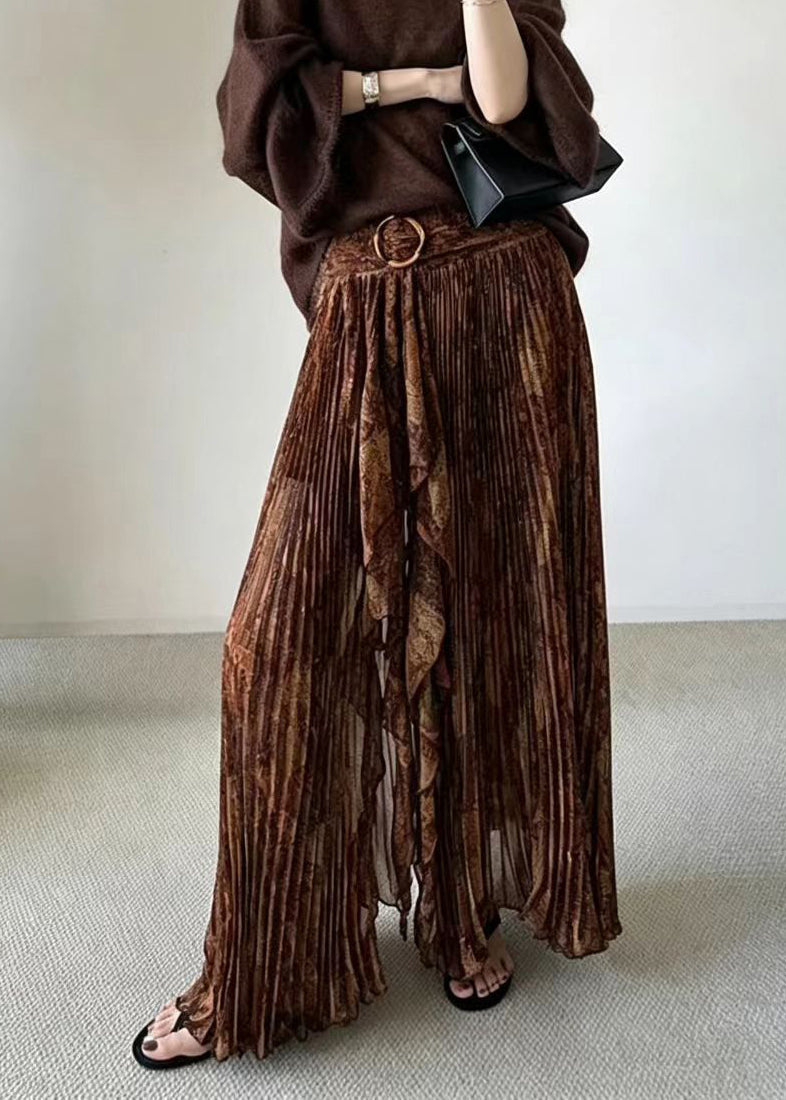 Fashion Coffee Pleated Asymmetrical Print Split Skirt Fall