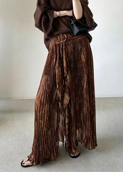 Fashion Coffee Pleated Asymmetrical Print Split Skirt Fall