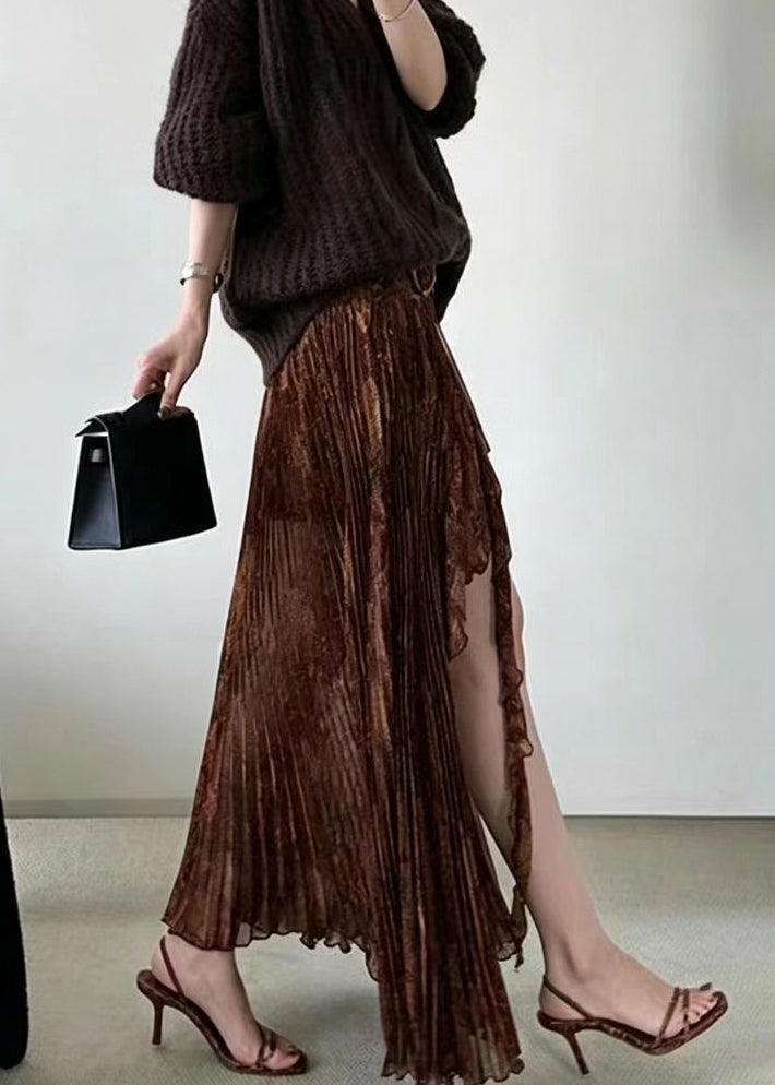 Fashion Coffee Pleated Asymmetrical Print Split Skirt Fall