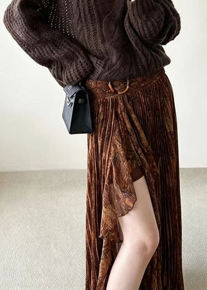 Fashion Coffee Pleated Asymmetrical Print Split Skirt Fall