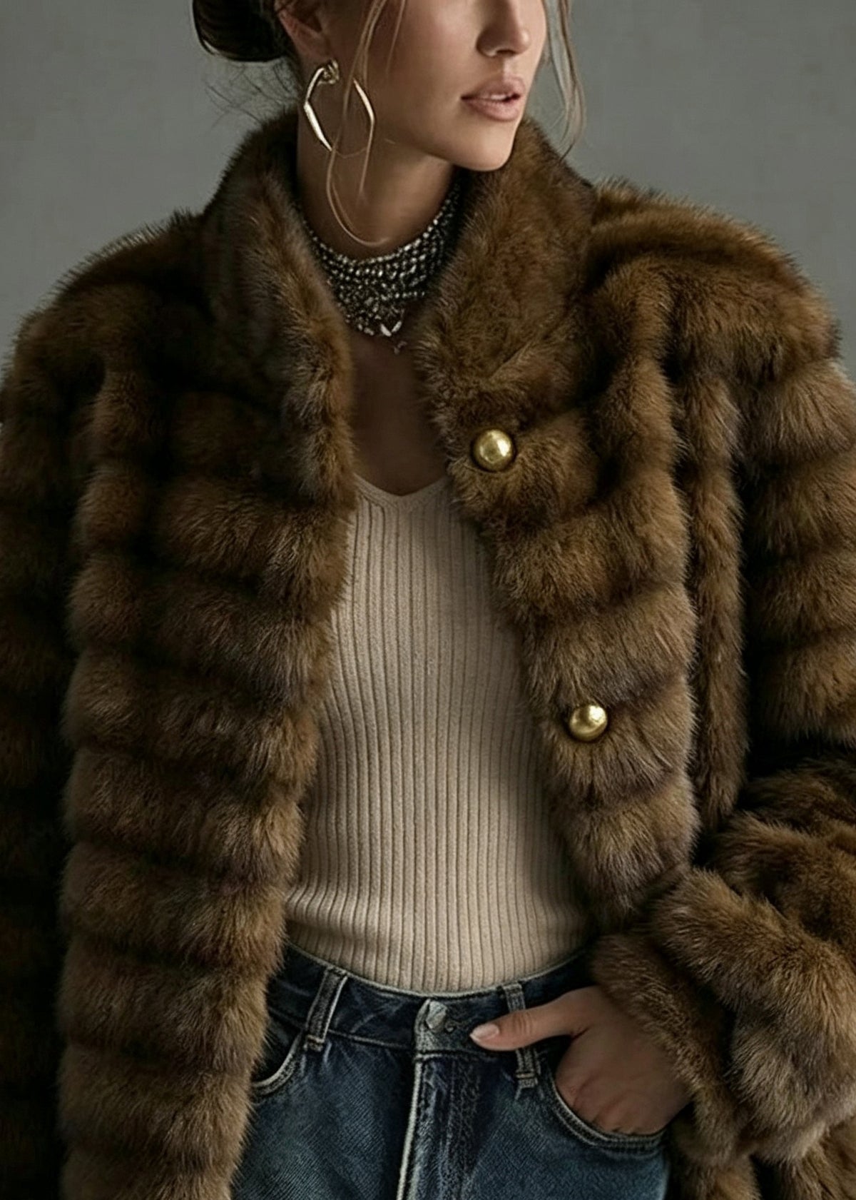 Fashion Coffee Stand Collar Patchwork Faux Fur Coat Outwear Winter