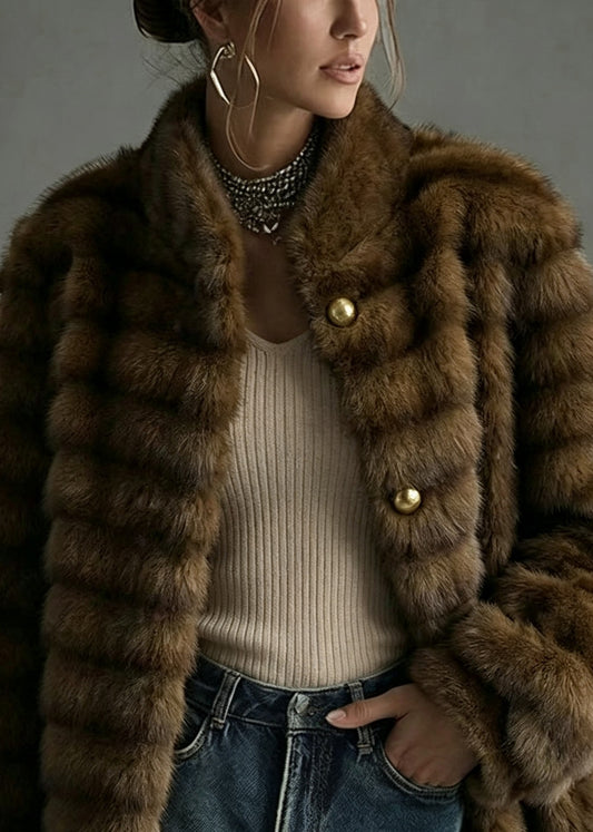 Fashion Coffee Stand Collar Patchwork Faux Fur Coat Outwear Winter