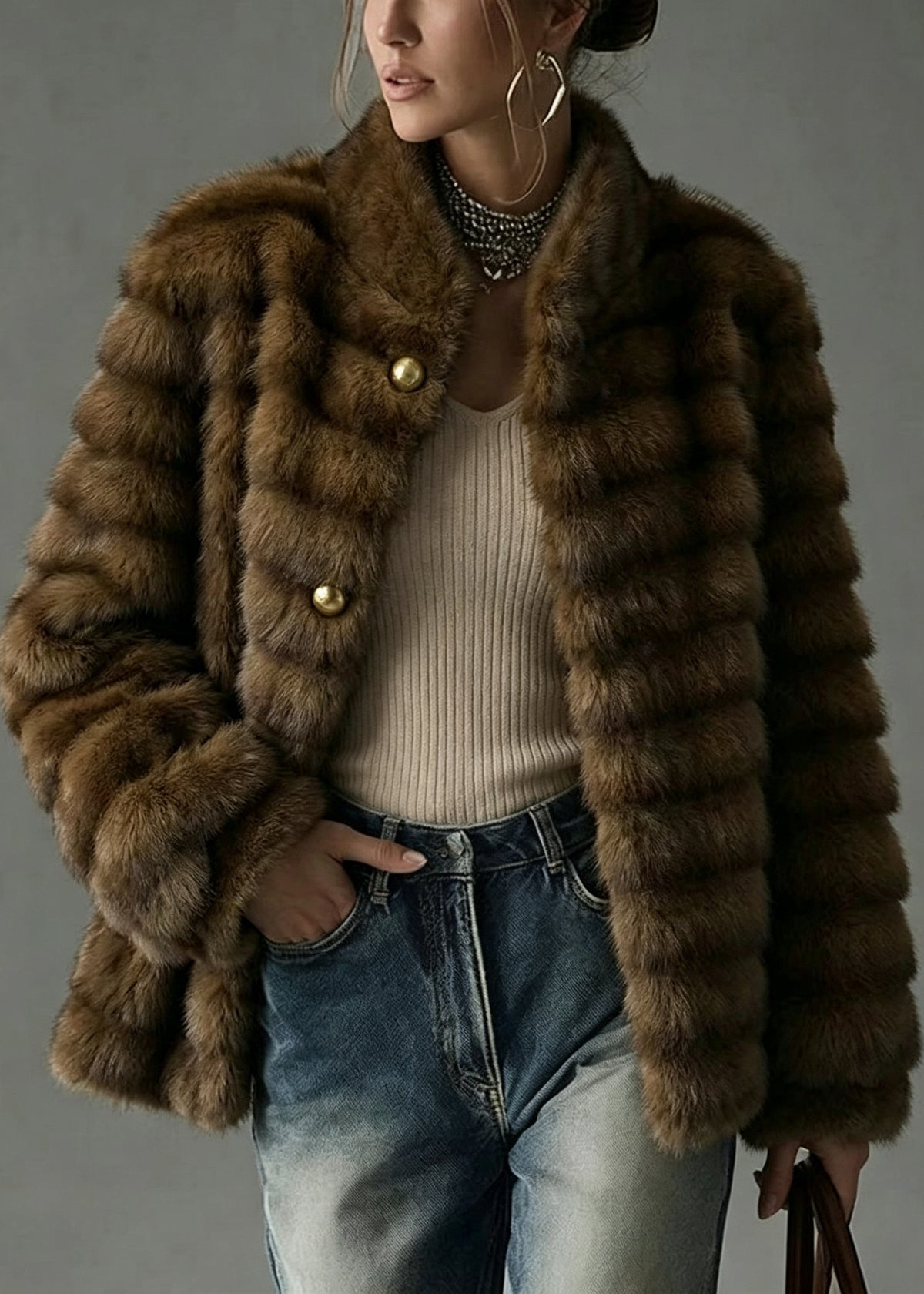 Fashion Coffee Stand Collar Patchwork Faux Fur Coat Outwear Winter
