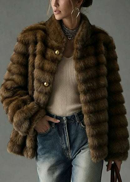 Fashion Coffee Stand Collar Patchwork Faux Fur Coat Outwear Winter