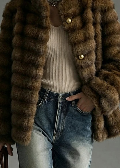 Fashion Coffee Stand Collar Patchwork Faux Fur Coat Outwear Winter
