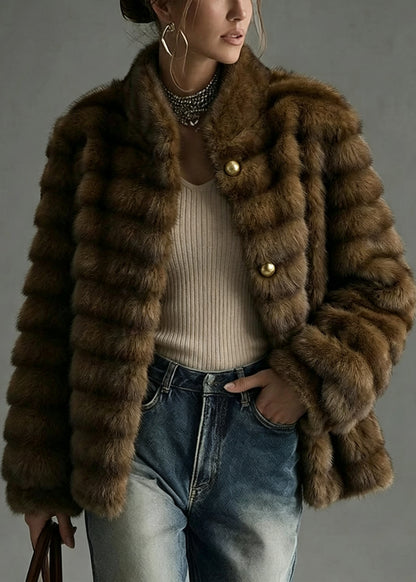 Fashion Coffee Stand Collar Patchwork Faux Fur Coat Outwear Winter