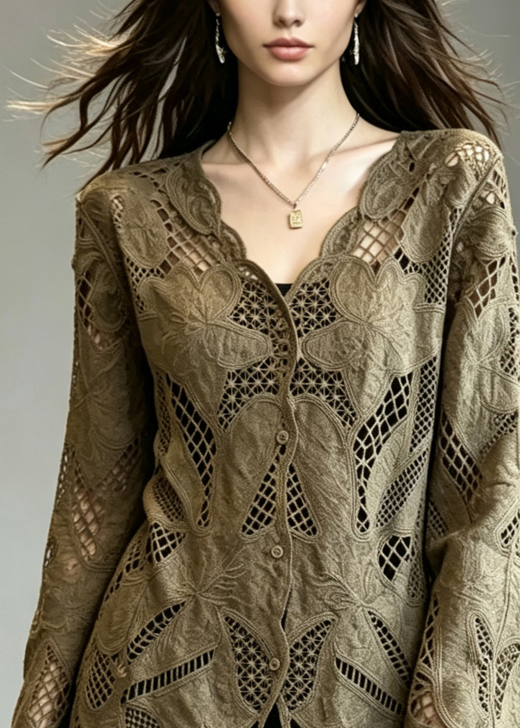 Fashion Coffee V Neck Button Hollow Out Lace Cardigans Fall