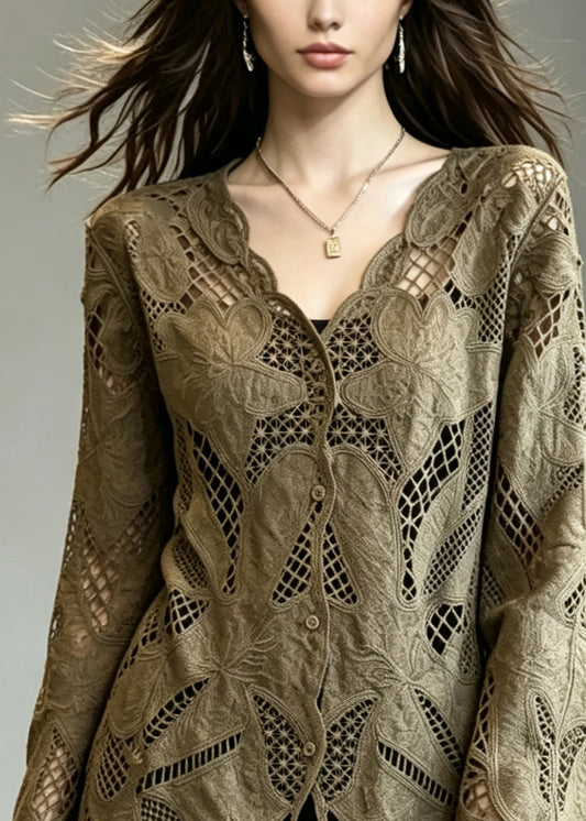 Fashion Coffee V Neck Button Hollow Out Lace Cardigans Fall