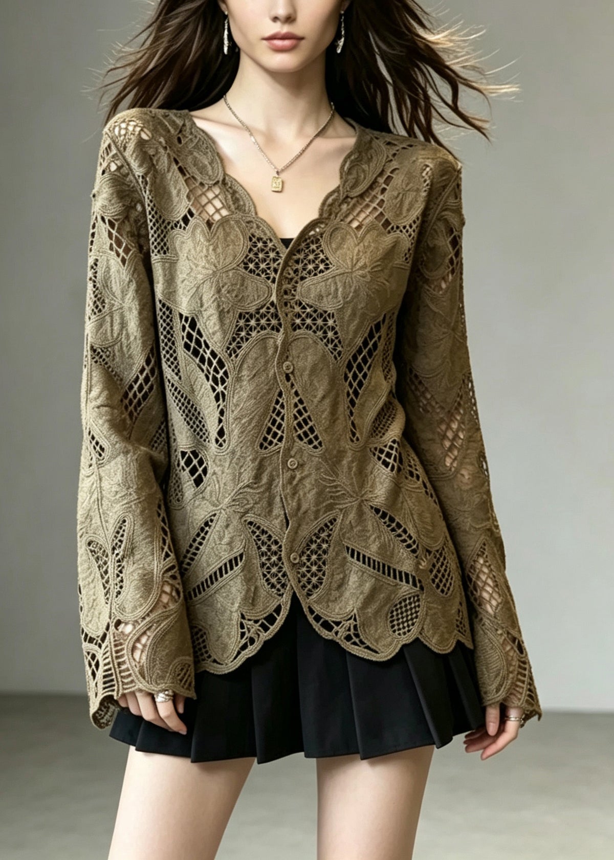 Fashion Coffee V Neck Button Hollow Out Lace Cardigans Fall