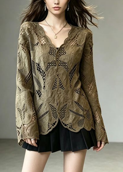 Fashion Coffee V Neck Button Hollow Out Lace Cardigans Fall
