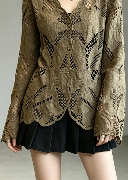 Fashion Coffee V Neck Button Hollow Out Lace Cardigans Fall