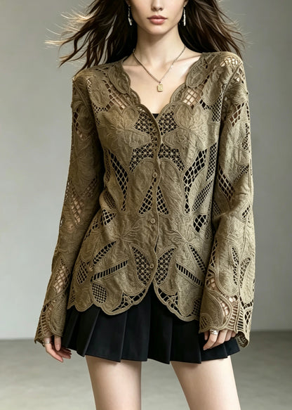Fashion Coffee V Neck Button Hollow Out Lace Cardigans Fall