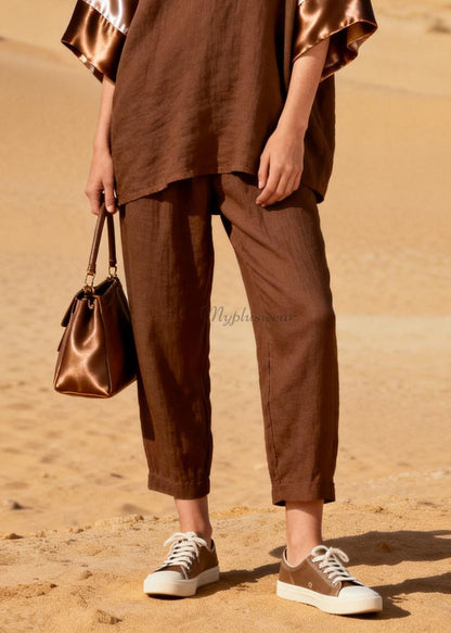 Fashion Coffee V Neck Patchwork Linen Silk Two Piece Set Spring
