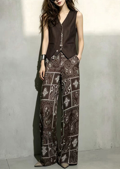 Fashion Coffee V Neck Waistcoat And Wide Leg Pants Print Two-Piece Set Sleeveless
