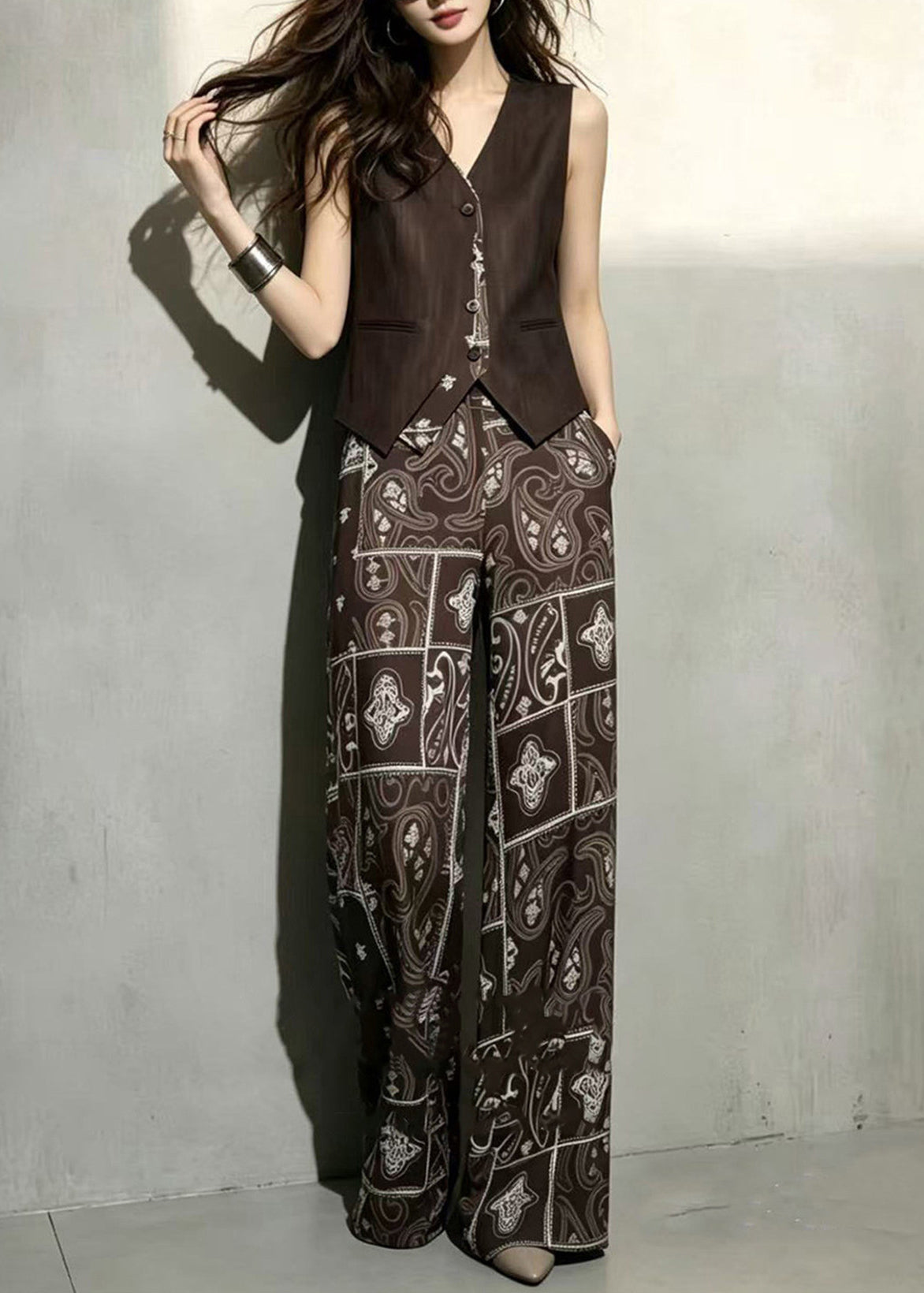 Fashion Coffee V Neck Waistcoat And Wide Leg Pants Print Two-Piece Set Sleeveless