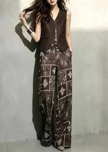 Fashion Coffee V Neck Waistcoat And Wide Leg Pants Print Two-Piece Set Sleeveless