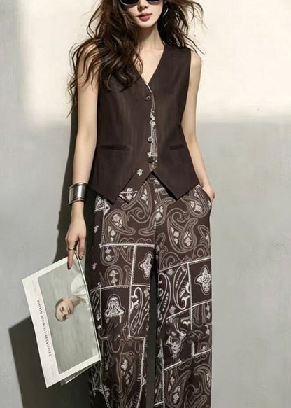 Fashion Coffee V Neck Waistcoat And Wide Leg Pants Print Two-Piece Set Sleeveless