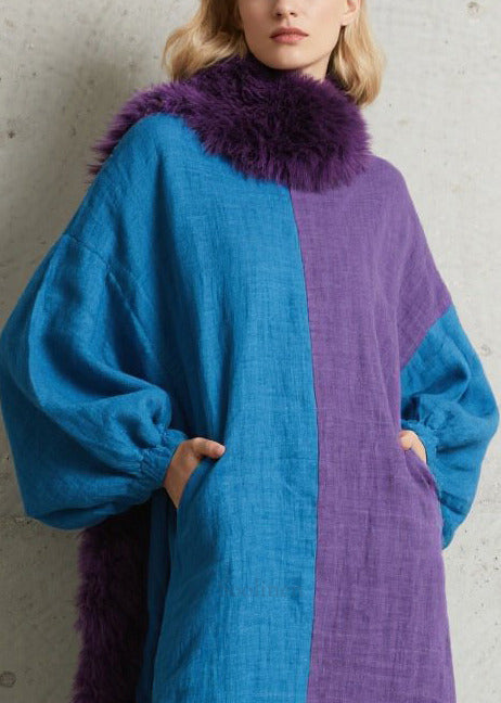 Fashion Colorblock Asymmetrical Patchwork Cotton Maxi Dresses Puff Sleeve